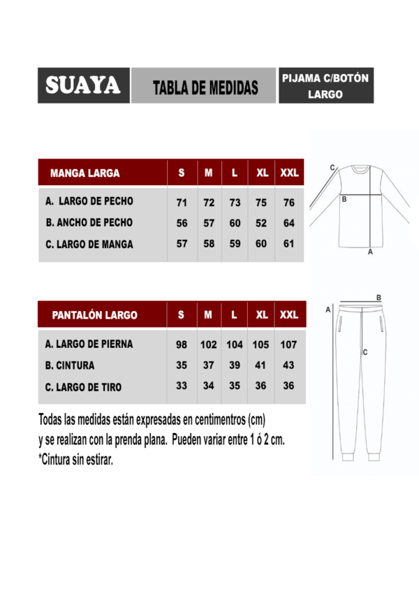 Medidas Pijama Botón Largo SUAYA
